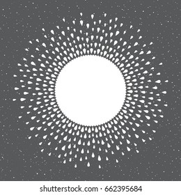 Water drops frame with empty space for your text. Frame made of raindrops, tears with  spray, splashes, flecks, tiny dots, speckles texture. Circle shape abstract background.