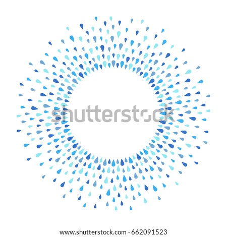 Water drops frame with empty space for your text. Frame made of raindrops, tears. Circle shape. Shades of blue abstract background.