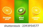 Water drops fruit juice background with orange, kiwi and lemon fruits. Vector vertical banners with realistic 3d tropical plant halves and scatter dews. Templates for drink, lemonade or cocktail ads