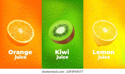 Water drops fruit juice background with orange, kiwi and lemon fruits. Vector vertical banners with realistic 3d tropical plant halves and scatter dews. Templates for drink, lemonade or cocktail ads