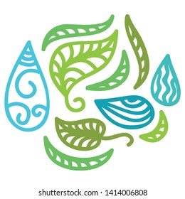 Water drops and green leaves. Vector illustration