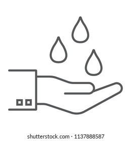 Water drops in hand thin line icon, ecology and save water, purfied water sign, vector graphics, a linear pattern on a white background, eps 10.