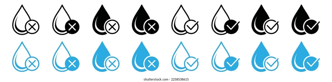 Icono de gotas de agua. Señal de agua limpia y sucia. Certificado de caída de agua. El agua desciende con señales cruzadas y de comprobación en línea y de estilo plano, ilustración vectorial