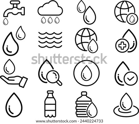 Water drops icon . A drop of water. Glass, magnifier, washing hands, shower. Vector illustration