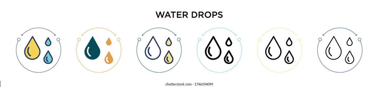 Water drops icon in filled, thin line, outline and stroke style. Vector illustration of two colored and black water drops vector icons designs can be used for mobile, ui, web