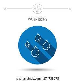 Water drops icon. Rain or washing sign. Rainy day symbol. Blue flat circle button. Linear icon with shadow. Vector