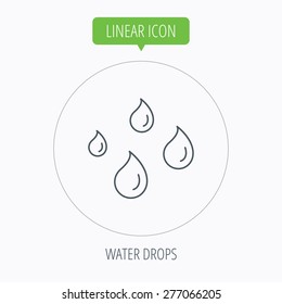 Water drops icon. Rain or washing sign. Rainy day symbol. Linear outline circle button. Vector