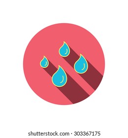 Water drops icon. Rain or washing sign. Rainy day symbol. Red flat circle button. Linear icon with shadow. Vector