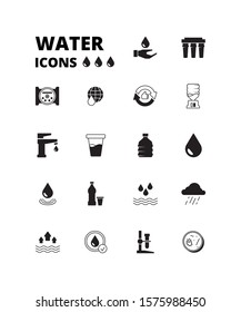 Water drops icon. Refreshing liquids recycling rain plastic bottles with fresh drinks splashes cooler vector symbols set