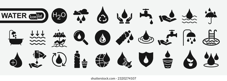 Water drops icon set. A drop of water. Glass, magnifier, washing hands, shower. Vector illustration	