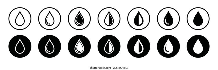 Water drops icon set. Water droplets icon collection in the circle. Raindrops sign in outline and flat style. Water or oil drop symbol for apps and websites, vector illustration