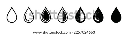 Water drops icon set. Water droplets icon collection. Raindrops sign in outline and flat style. Water or oil drop symbol for apps and websites, vector illustration