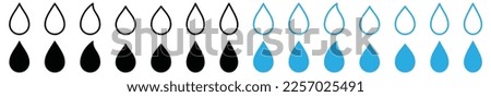 Water drops icon set. Water droplets icon collection. Raindrops sign in outline and flat style. Blue water or oil drop symbol for apps and websites, vector illustration