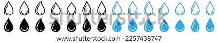 Water drops icon set. Water droplets icon collection. Raindrops sign in outline and flat style. Blue water or oil drop symbol for apps and websites, vector illustration