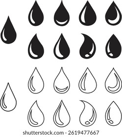 Wassertropfen-Icon flach gesetzt und Umrissformate. Blutvektoren Silhouette. Symbole für Tränen und Öl. Verschiedene Formen von Wasser und Regentropfen. Logos für Klempnerarbeiten einzeln auf transparentem Hintergrund.