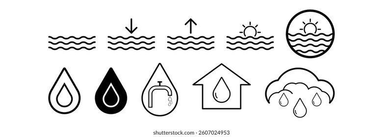 Water drops icon set. Outlined flat black water wave, sunset, water tap, cloud, rain sign collection. Water day special symbol set vector illustration.