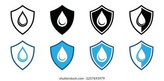 El agua arroja un icono en el escudo. Colección de iconos de protección de gotas de agua. Señal de protección contra caídas de lluvia en contorno y estilo plano. Agua azul o aceite en símbolo de escudo para aplicaciones y sitios web, ilustración vectorial