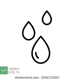 Ícone de gotas de água. Estilo de contorno simples. Água gota, gota, líquido, chuva, água limpa, agricultura, conceito de meio ambiente. Ilustração de vetor de linha fina isolada no fundo branco. EPS 10.