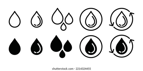 El agua desciende la colección de vectores de iconos. Ilustración del símbolo de caída de agua o aceite. Actualizado, restaurado, arreglar la silueta de signo de agua. Logo plano de Raindrop