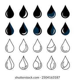 Water drops icon vector set, black and outline rain droplets multiple styles water drops set.