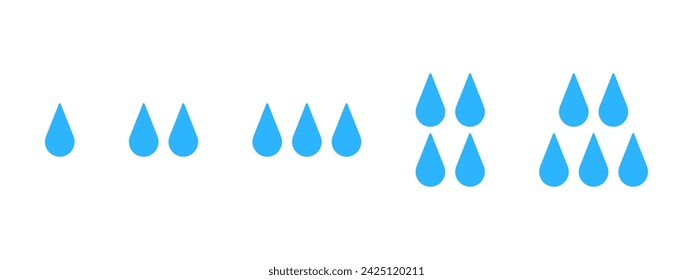 Gotas de agua iconos. Gotitas azules aisladas sobre fondo blanco. Elementos infográficos del medidor de nivel de humedad. Agua potable, humedad, purificación, pictogramas de clima sediento y lluvioso. Ilustración de vector