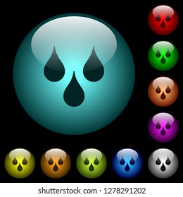 Water drops icons in color illuminated spherical glass buttons on black background. Can be used to black or dark templates