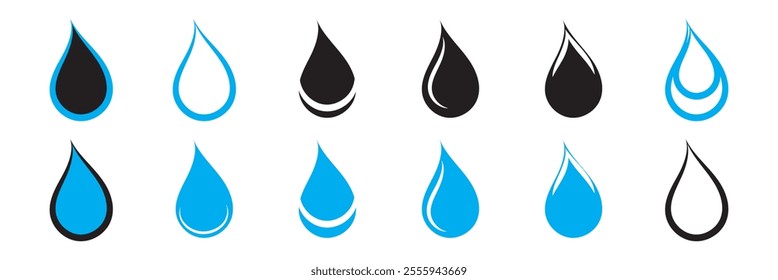 Water drops icons. Water drop shape. Blue and black water drops. Vector illustration