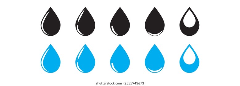 Water drops icons. Water drop shape. Blue and black water drops. Vector illustration