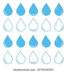 Water drops icons. Flat droplet water drop shapes collections. Blue water drops. Vector illustration