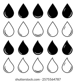 Water drops icons. Flat droplet water drop shapes collections. Black water drops. Vector illustration