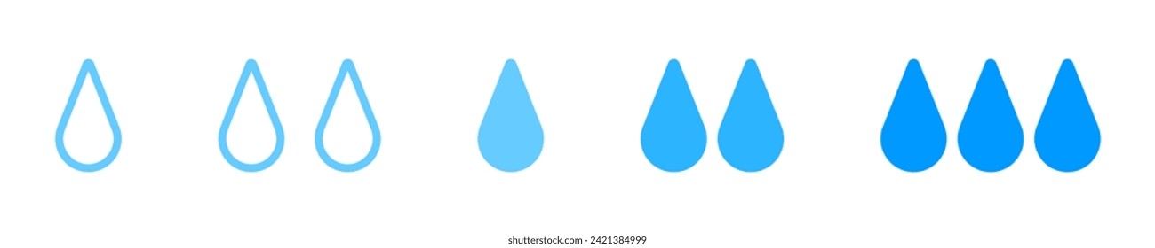 El agua deja caer iconos. Concepto de nivel de humedad. Gotas azules aisladas en un fondo blanco. Agua Potable, humedad, purificación, pictogramas del clima sediento y lluvioso. Ilustración plana del vector