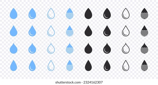 Water drops icons set. Blue and black water drops icons. Vector scalable graphics