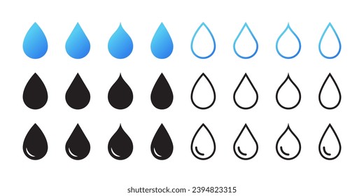 Water drops icons set. Water drop shape. Blue and black water drops. Vector scalable graphics