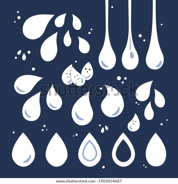 Water drops icons set. Logo, drop symbol. Drops, rain,\
splashes, splash icon. Cartoon drops, design for children. Vector\
illustration. 