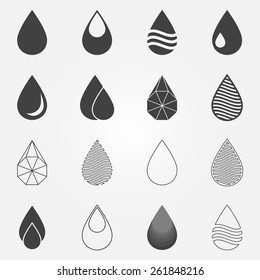 Water drops icons set - vector black water symbols or logos