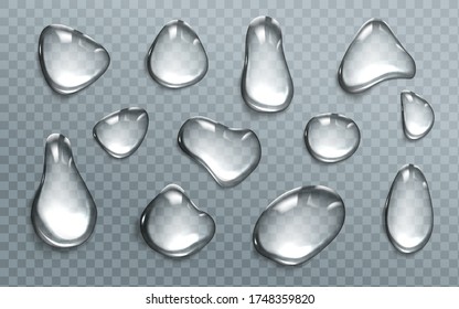 Water drops isolated on transparent background. Vector realistic set of liquid droplet different shapes, clear water dew, pure aqua flows, condensation on cool glass surface