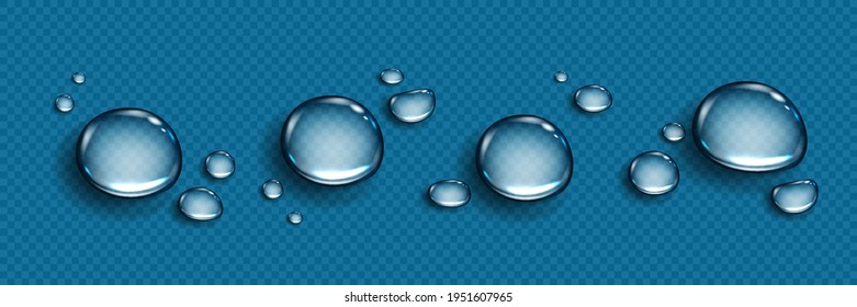 Water drops isolated on transparent background. Rain droplets at window glass. Realistic dew, condensation from shower steam or fog. Vector 3d illustration of wet surface with aqua drops.