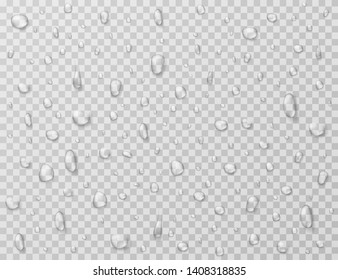 El agua cae aislada. Lluvia salpicada, gotitas en la ventana transparente de vidrio. Textura vectorial de gota de lluvia