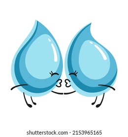 Water drops kissing, cute character. Vector illustration of funny blue aqua mascot. Cartoon cold clear raindrop or splash of liquid isolated on white