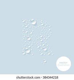 Water drops letter R on light blue background. Vector illustration
