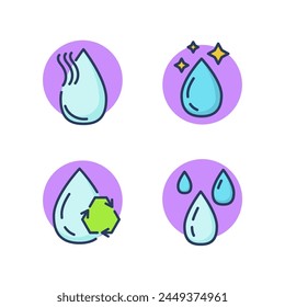 Water drops line icons set. Purified water, shining droplet, dry air humidity. Fresh water for drink, aqua, weather, environment concept. Vector illustration for web design and apps