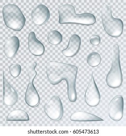 Water drops or liquid rain droplet design elements on transparent background. Set of condensation bubbles or realistic drip, H2O element and clear wet splash. Wetness and transparency theme