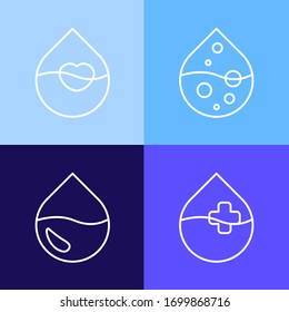 Water drops, liquid. Set of modern simple line art illustrations in blue tones. Vector file.