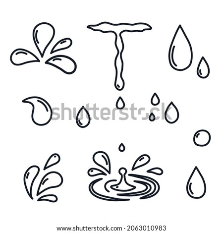 Water drops logo icon sign Decorative set Droplet splash symbol Hand drawn ink sketch Doodle design Modern natural style Fashion print clothes apparel greeting invitation card banner poster ad flyer