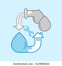 Water Drops Merged With Gimmick Cycle Arrow Represent Greywater Recycling Home System. Vector Illustration Outline Flat Design Style.