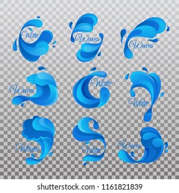 Water drops of ocean or sea, river or lake waves. Set of isolated wavy liquid and curvy aqua symbols of nature in motion. Nautical and marine, flow shape and curve line, nature theme