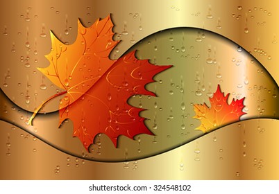 The water drops on the autumn metallic background