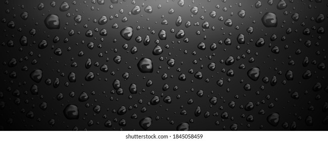 Water drops on black glass background. Rain droplets with reflection on dark window surface, scattered pure aqua blobs, wet texture. Realistic 3d vector illustration