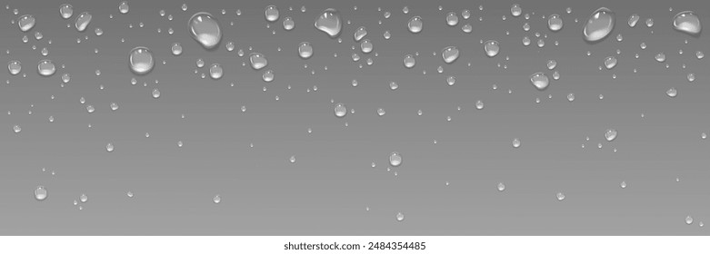 Water drops on black glass surface. Realistic 3d vector dark background with transparent rain droplets. Wet window with dew bubbles. Fresh moisture bg with spray condensation waterdrop pattern.