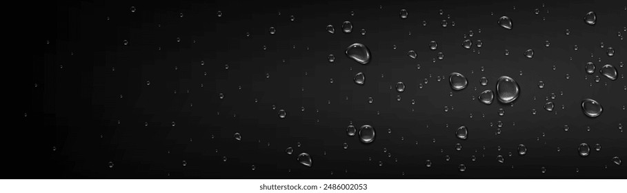 Gotas de agua en la superficie de vidrio negro. Fondo oscuro de Vector 3D realista con gotas de lluvia transparentes. Ventana húmeda con burbujas de rocío. Humedad fresca por el patrón de la gota de agua de la condensación del espray.